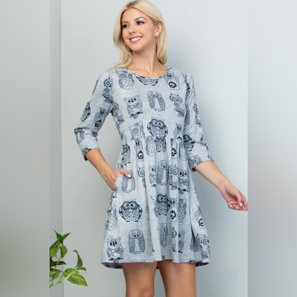 Owls 🦉 Print 3/4 Sleeves Sweater Dress With Pockets - Picture 2 of 6
